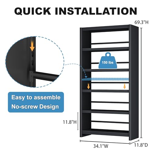 Image of 5 Tier Metal Bookshelf, 69 inch Tall Heavy Duty Bookcase, Black Bookcase with Wide Display Shelves, Industrial Bookshelf for Living Room, Bedroom, Home Office