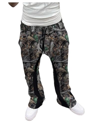 GORGLITTER Men's Camo Sweatpants Drawstring Waist Patchwork Stacked Flared Joggers Camo Medium