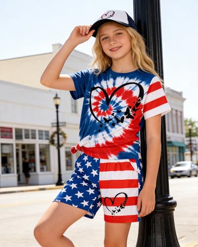 Image of 7-14Y Tween Girl Clothes 2 Piece Short Sleeve Tie Dye Heart Print Top and Shorts Teen Girl Summer Outfits Short Set