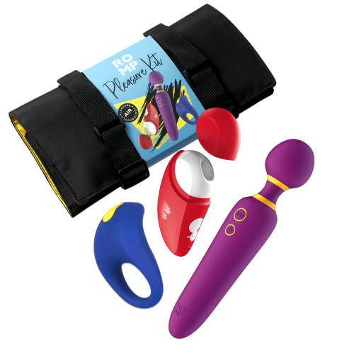ROMP Pleasure Kit Coffret plaisir | Vibromasseur wand | stimulateur clitoridien | cockring | Ensemble avec pochette de rangement vibro suceur de clitoris anneau penien