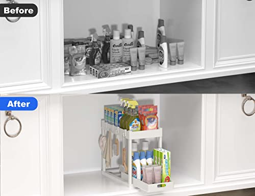 POUGNY 2PC Under Sink Organizer Rack 2 Tier Under Sliding Cabinet Basket Organizer Drawer with 4 Hooks, Multi-purpose Under Sink Storage for Bathroom Kitchen Desktop(White)