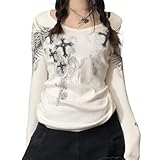 Camisetas gráficas Y2k de manga larga de hada grunge Tops Fairycore 2000s Ropa para las mujeres 90s Tops estéticos, Cruz Blanca, Medium