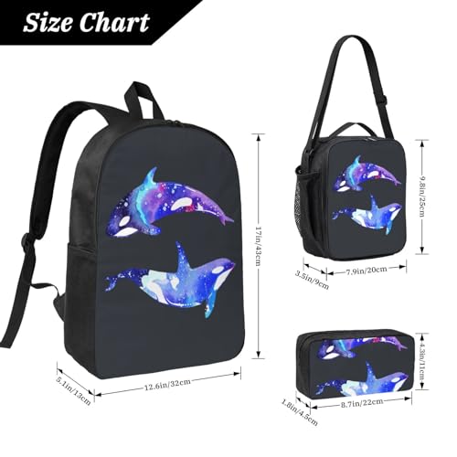 Orca Killer Whale print Shoulder Bookbags Lunch Bag and Pen Case 17 inches Backpack with Lunch Box, Cute Bookbag Set4