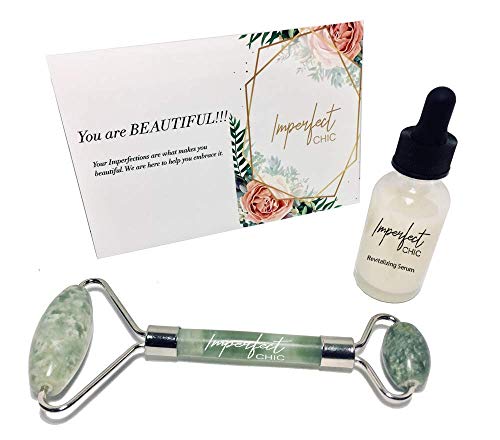 Jade Eye Roller Facial Massager & Vitamin C Hyaluronic Acid Facial Therapy Set | Anti-Aging Neck Slimming Eye Puffiness Reducer | Derma Roller Cosmetic Needling and Microneedling Alternative