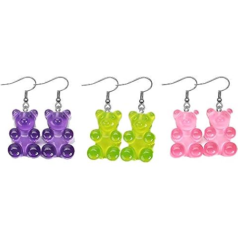 RUIZHEN 3 Pairs Set Creative Cute Mini Gummy Bear Dangle Earrings Cartoon Animal Earrings (purple+pink+green) Cover