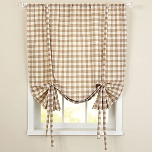 Image of Sweet Home Collection Tie Up Shade Window Treatment Kitchen Window Curtain Shade, 84 inch Tieup, Buffalo Check Taupe