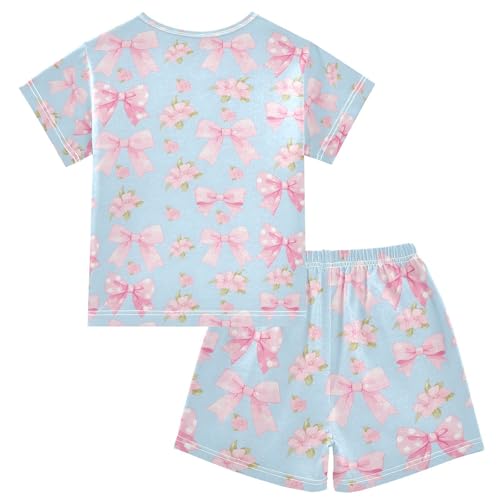 ALAZA Blue Bow Flower Floral Pajamas Set Short Sleeve Cotton Sleepwear Summer Pjs 2 Piece 5-14Y2