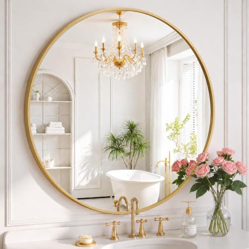 Image of Simple Deluxe 30 Inch Round Bathroom Mirror, Black Vanity Mirror with Metal Frame, Modern Circle for Bathroom, Entryway, Bedroom, Living Room, Wall Mounted Decorative Mirrors (Gold)