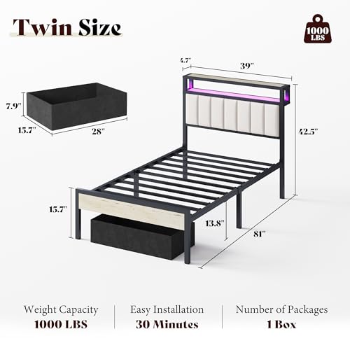 Image of AMERLIFE Twin Bed Frame with LED Light and 2 Storage Drawers, Metal Platform Bed with Storage Headboard, Velvet Upholstered, Heavy-Duty Slats, No Box Spring Needed, Easy Assembly, White
