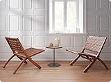 LUE BONA 2PCS Folding Wooden Accent Chair, Cognac Leather Woven and Brown Wood, Midcentury Modern Lounge Chair, Scandinavian Rattan Low Chair for Living Room, Bedroom, Patio, Balcony