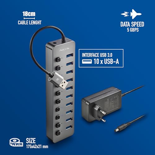 Ngs Ihub 10 - Hub Usb 3.0 A 10 Porte Con Interruttori Indipendenti, Velocità Di Trasferimento 5 Gbps, Alimentatore 12V/4A, Compatibile Con Pc/Mac, Design Compatto, Plug And Play - 2