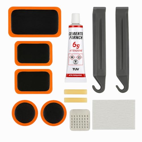 Kit Repara pinchazo, Kit de Reparación de Pinchazos, Set de Parches para Ruedas, Paquete de Reparación de Cámaras, Kit Emergencia Ruedas, Incluye 12 Accesorios para Reparar pinchazos