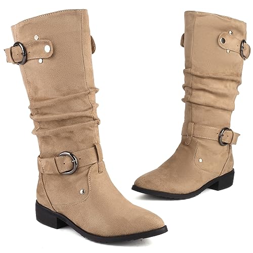 UniqueStride Womens Slouch Boots Suede Round Toe Low Heel Mid Calf Boots2