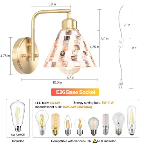 Image of Mother-of-Pearl Shell Brass Wall Sconce, Natural Shell Mosaic Shade Modern Wall Lamp with Edison LED Bulb, Plug-in or Hardwire Bedside Wall Light for Living Room, Bedroom, Hallway, Dining Room, Foyer