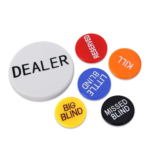 GSE Games & Sports Expert Little Blind, Big Blind, Missed Blind, Kill, Reserved, Dealer Button - Set of 6 Casino Texas Hold‘em Poker Button for Gambling Card Games