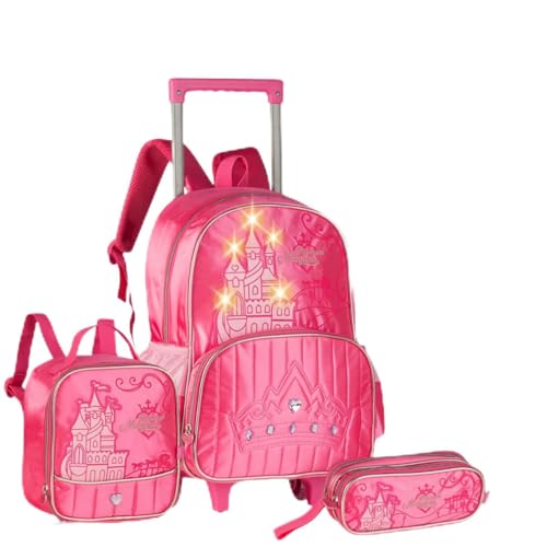 Princesas Magicas Kit Mochila Escolar com Luzes LED, Rosa, Conjunto 3 Peças com Mochila de Rodinha 40cm, Lancheira e Estojo, Tema Castelo