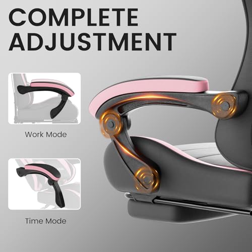 Image of Ergonomic Gaming & Office Chair, Footrest, Racing Design Black /Pink | PVC with headrest,lumbar, Adjustable Height recliner for adults 2D-Linkage Armrests for 300LBS