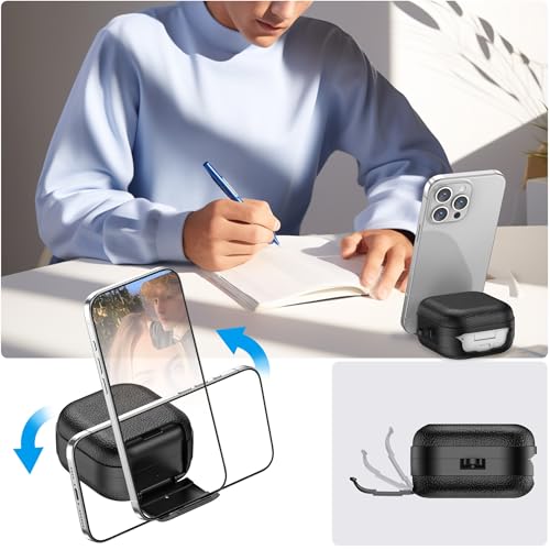 Image of Leather Texture Case for Samsung Galaxy Buds 4 and 4 Pro with Carabiner, Built-in Phone Stand, Locking-Switch Design Business Cover (Black, Leather with Stand)