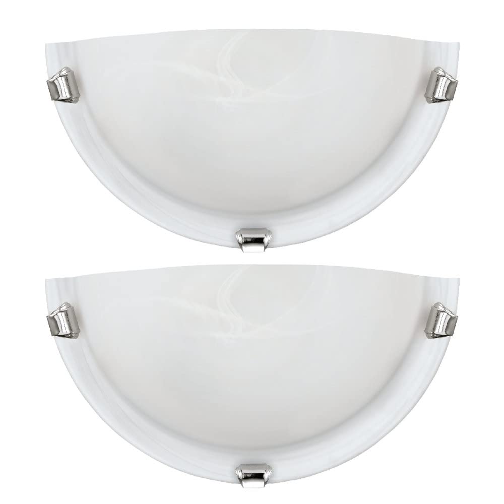 Britalia 2 Pack - White Alabaster Glass & Polished Chrome Clips Decorative Half Moon Flush Wall Light | 30cm Width | 1 x ES E27 Lamp Bulb Required (Not Included) | Home or Office Use