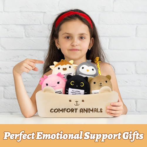 Image of Emotional Support Plush Animal Set,6 Pcs Cute Animals Plush Toys and Fun Stuffed Animals with Positive Words,Soft Emotional Support Plushies with Basket,Positive Gifts for Kids,Men,Women