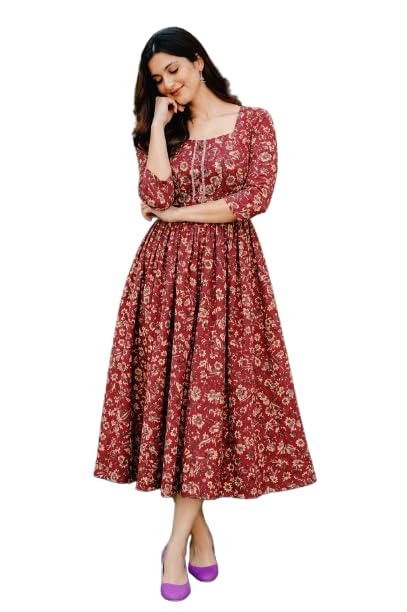 Women's Floral Printed Anarkali Kurti, Red, 3/4 Sleeve, Square Neck, Flared Midi Dress-image-15