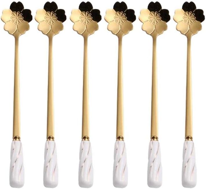Cuchara de café para té helado, cuchara agitadora de acero inoxidable, cucharas para mezclar azúcar, oro blanco, juego de 6 MBBITL con mango de