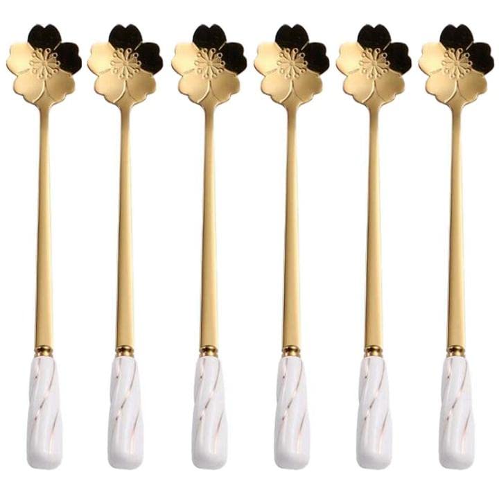 Cuchara de café de té helado Cuchara de agitación de acero inoxidable Cucharas mezcladoras de azúcar oro blanco - Juego de 6 MBBITL Mango de cerámica delicado Forma de Sakura