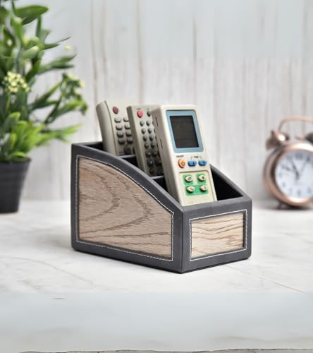Image of Premsons Classic Remote Holder - 3 Section Tabletop Organizer in Light Brown | Faux Leather with Refined Wooden Finish | Decorative & Practical Organizer - Grey