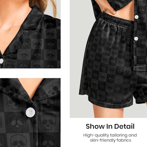 Image of Funny Pajamas for Women Set Print Satin Loungewear Pjs Short Sleeve Button Down Top and Shorts Sets Sleepwear XS-3XL