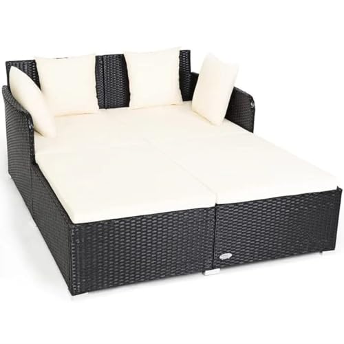 Image of BRISHI Outdoor /Pool Side /Garden /Balcony /Porch /Backyard /Terrace /Patio /Beach /Rectangular Sofa Sunbed Wicker and Rattan Daybed (Black-White)