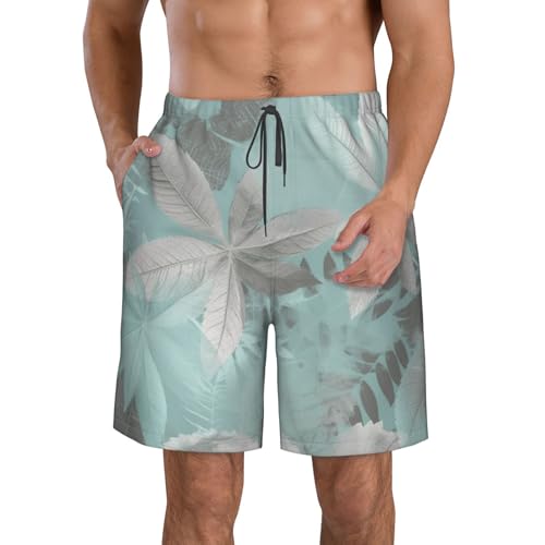 Mint Gray Leaves Men's Swim Trunks Quick Dry Board Shorts with Pockets Casual Drawstring Beach Shorts