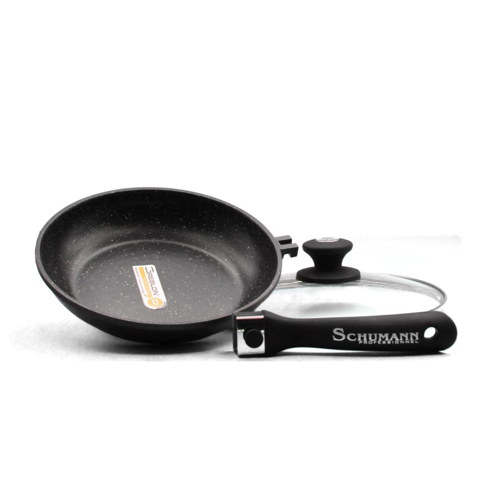 Schumann Moove Bratpfannen mit Steinbeschichtung, für alle Herdarten einschließlich Induktion geeignet, Aluminiumguss, ohne PFOA, abnehmbare Silikongriffe, inklusive Deckel, 28/32 cm, 2 Stück