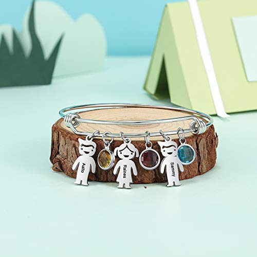 Personalized Bangle Bracelet With Charms Custom Names Mother Daughter Jewelry With Simulated Birthstone Family Presents (3 Pendants+ 3 Stones) #TOP3
