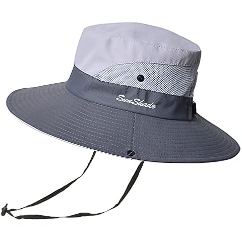 Womens Outdoor Sun Hat Breathable Packable Boonie Wide Brim Bucket Cap Fishing Hiking Ponytail Hole, Double Grey, One Size Cover
