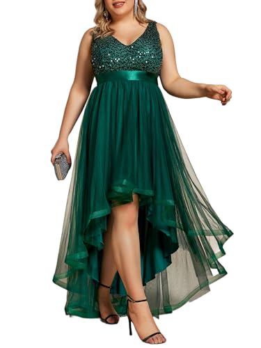 Ever-Pretty Prom Dress Plus Size Formal Dresses for Curvy Women V Neck A Line High Low Tulle Sequin Eveing Gown Dark Green US14