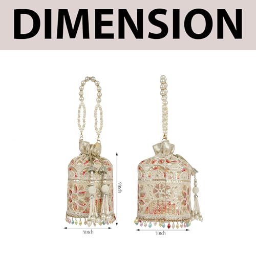 Image of Nevis Silk Fabric Embroidered Potli Bag with Pearl Beaded Handle | Designe Ethnic Drawstring Clutch for Wedding, Festive