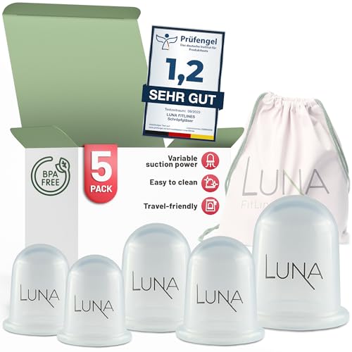 LUNA FitLines - 5er Set Premium Schröpfgläser Silikon in verschiedenen Größen hochwertige Cupping Set - inklusive Anwendungsbuch - Endlich Schluss mit Verspannungen - Anti Cellulite Schröpfen