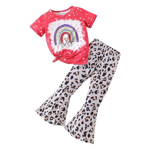 Image of Ayzozuy Kids Toddler Girl Clothes Letter Print Graphic Top + Leopard Print Flare Leg Pants 2PC Summer Clothing Set