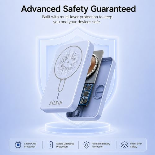 Image of AILKIN 10000mAh Power Bank with MagSafe Wireless Charging | Built-in Lightning & Type-C Cables | 22.5W Fast Charging | Kickstand | Slim Portable Charger for iPhone 15 /14 /13 /12 & Android