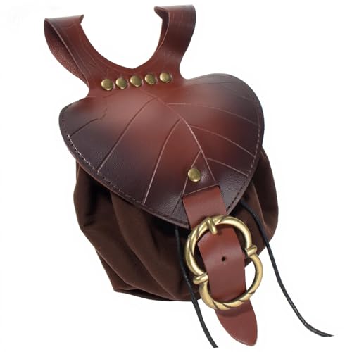 Image of Leather Belt Pouch Medieval Vintage Renaissance Viking LARP Cosplay Costumes Drawstring Coin Purse Phone Holder Waist Bag (Leaf Brown)