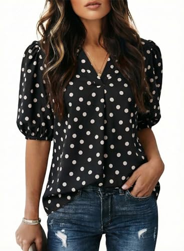 Image of Dokotoo Womens Blouses V Neck Puff Short Sleeve Business Casual Tops