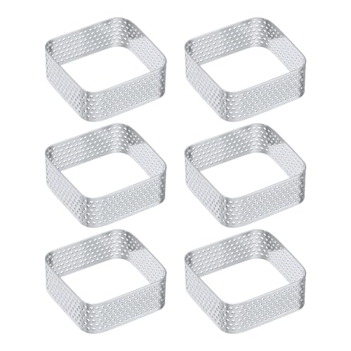 uxcell 6pcs Square Perforated Cake Rings 2 x 2 Inch Stainless Steel Cake Pastry Mousse Ring Molds for DIY Cake Dessert Mousse Pastries Baking, Silver Tone