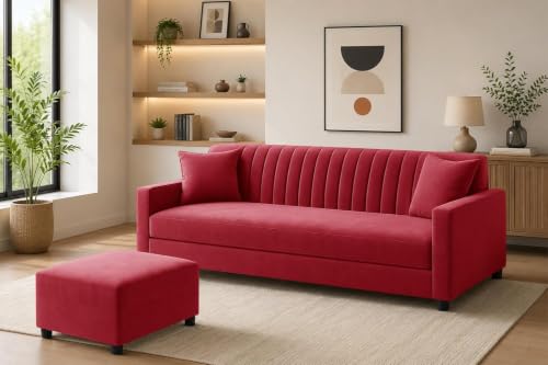 Image of Modern Three Seater Wooden Sofa Set with Ottoman, Soft Velvet Upholstery, Comfortable Couch for Living Room, Office & Apartment - Red Color