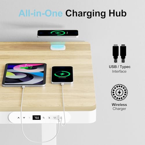 Image of Electric Standing Desk with Drawer & Wireless Charging, Height Adjustable Sit Stand Desk with USB Charging Station, Hidden Cable Management Tray, 48 inch Ergonomic Home Office Computer Desk, Light Wood