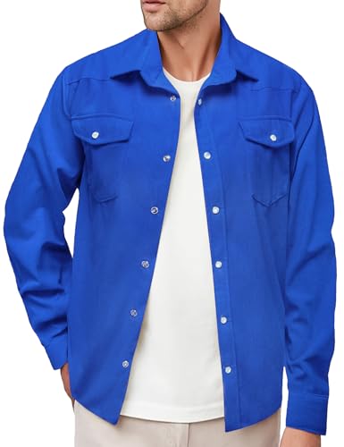 Image of Barry.Wang Mens Corduroy Jacket Shirts Cowboy Lightweight Wrangler Field Western Casual Long Sleeve 2 Flap Pockets