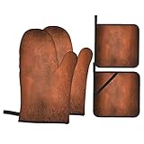 Oven Mitts and Pot Holders Sets of 4,Paint Hammered Abstract Orange Brown Vintage Aged Copper Burnt