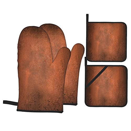 Oven Mitts And Pot Holders Sets Of 4 Paint Hammered Abstract Orange Brown Vintage Aged Copper Burnt Dirty Dark Antique Polyester Oven Mitts With Oven Gloves And Hot Pads Potholders For Kitchen Bbq #TOP3