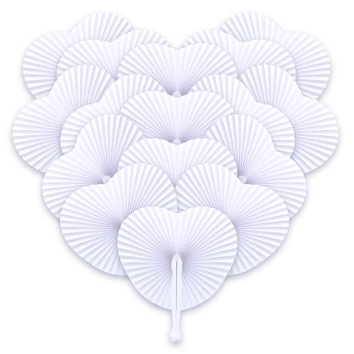 48x Abanicos boda para invitados en forma de corazón, blancos - Bonitos abanicos como decoración de boda o para regalar a los invitados