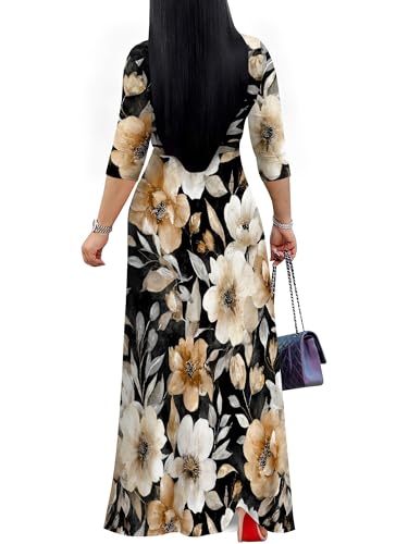 Image of Women's V Neck Floral Maxi Dress 3 /4 Sleeve Plus Size Boho Wrap Flowy Long Dresses with Belt