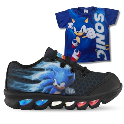 Kit Tênis De Led Infantil Menino Masculino Sonic Preto + Camisa, Tamanho 27